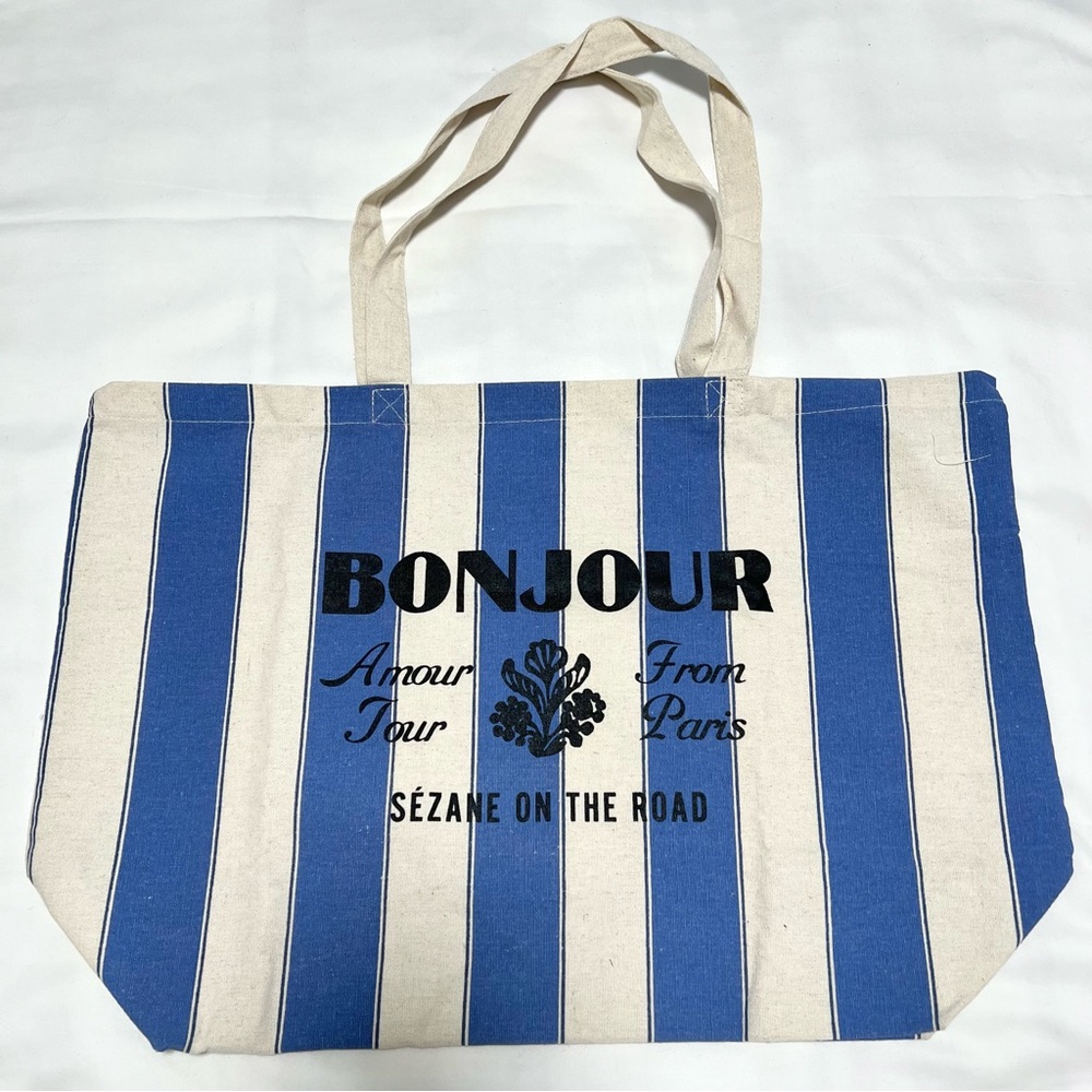 Sézane Bonjour “Sezane On the Road” Blue and White Ecru Striped Tote
